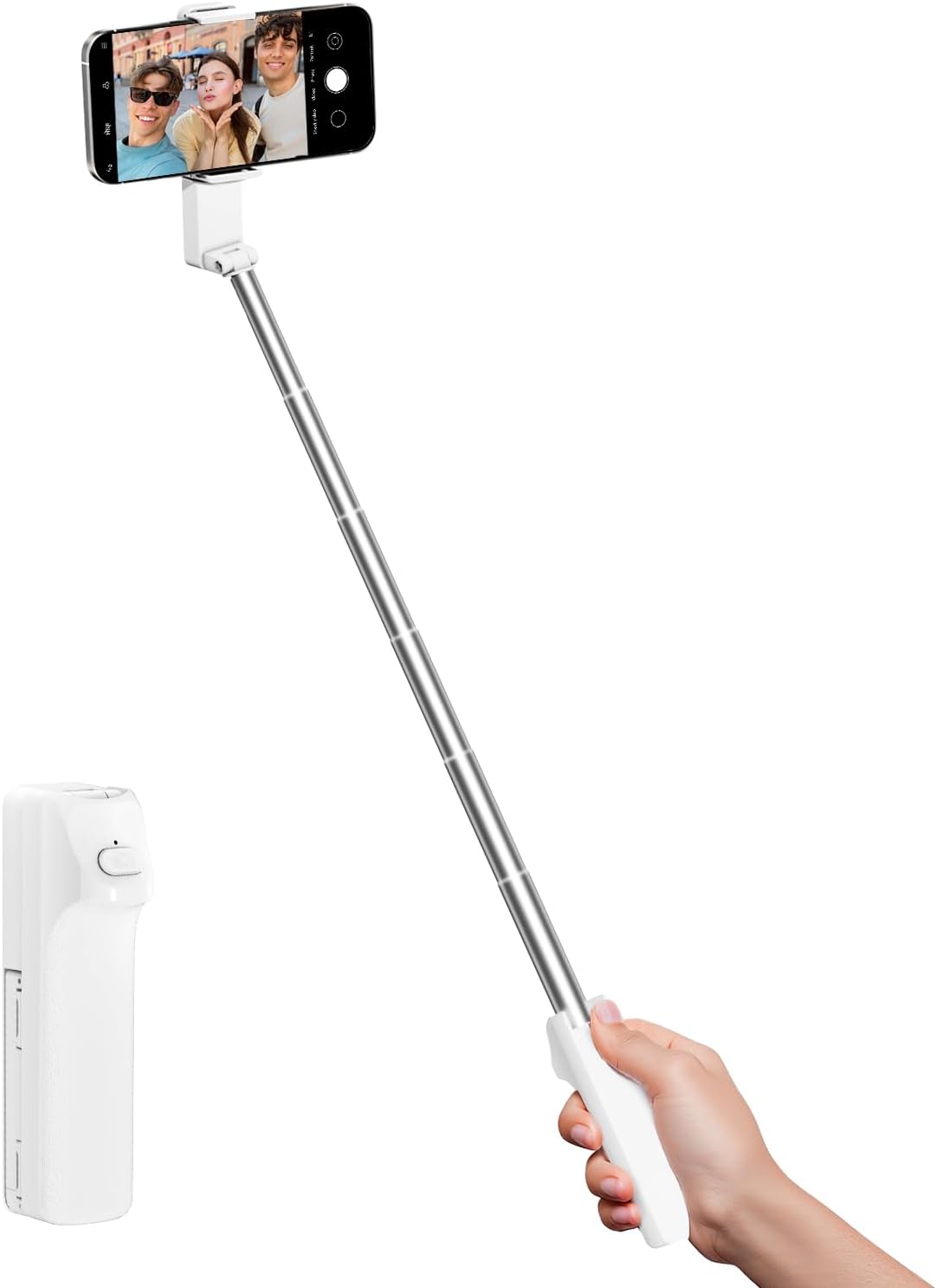 SupeDesk selfie stick set up on a wooden desk with phone attached, showing extended length