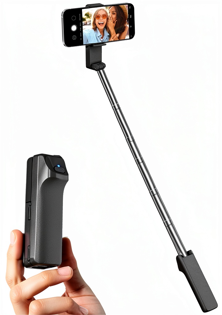 Viozon wireless selfie stick for iPhone and Android being held on a sandy beach during sunset