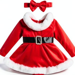 LittleJoy Baby Girls Christmas Romper Dress with Bow Headband Red-0