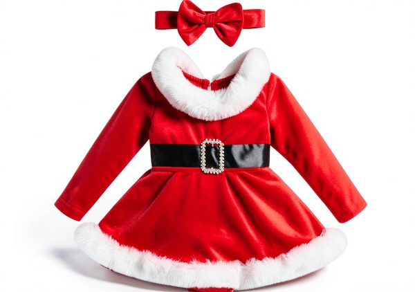 LittleJoy Baby Girls Christmas Romper Dress with Bow Headband Red-0
