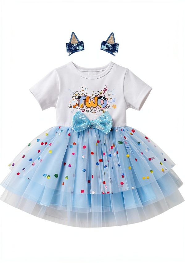 Blue Birthday Dress for Toddler Girls Sparkly Tutu with Dog Ear Clips-1