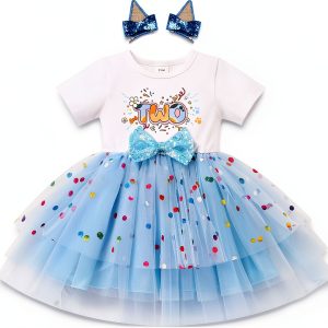 Blue Birthday Dress for Toddler Girls Sparkly Tutu with Dog Ear Clips-0