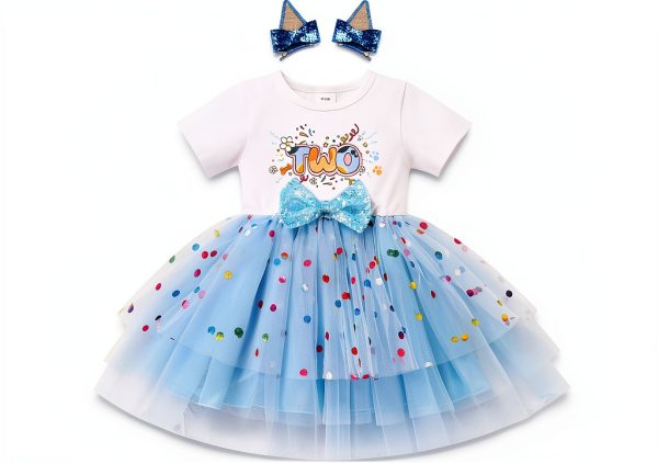 Blue Birthday Dress for Toddler Girls Sparkly Tutu with Dog Ear Clips-0