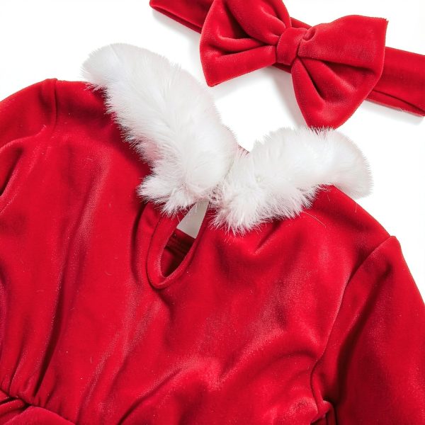 LittleJoy Baby Girls Christmas Romper Dress with Bow Headband Red-4