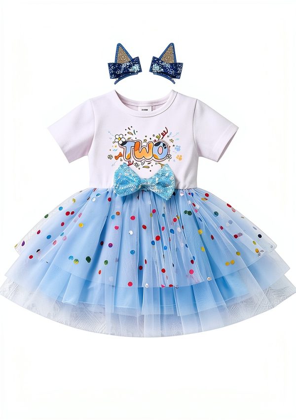 Blue Birthday Dress for Toddler Girls Sparkly Tutu with Dog Ear Clips-4