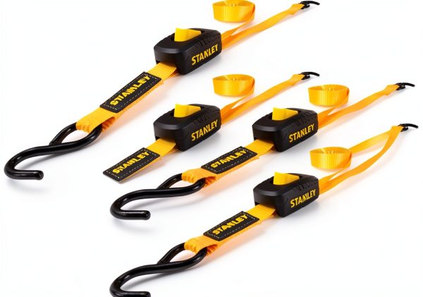 STANLEY S2002 Black/Yellow 1" x 10' Enclosed Cam-Buckle Tie Down Straps - 400 lb Safe Working Load / 1,200 lb Break Strength, 4 Pack-0